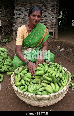 Inderin, Verkauf von Bananen aus einem großen Korb In einem ländlichen Dorfmarkt Stockfoto