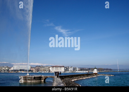Jet d ' Eau oder Wasser-jet-die berühmten Städte Wahrzeichen Genf Schweiz Stockfoto
