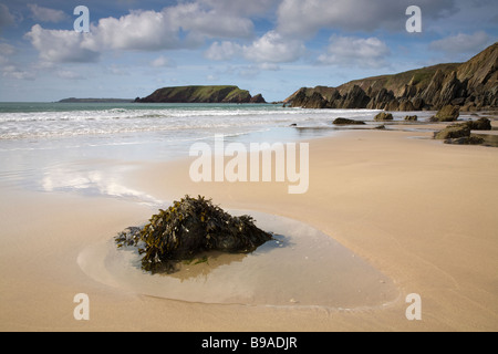 Marloes Sands in Pembrokeshire-South.Wales, Blick auf Gateholm Insel bei Ebbe Stockfoto