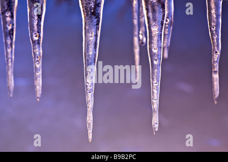 Eiszapfen, Nahaufnahme, Manitoba, Kanada. Stockfoto