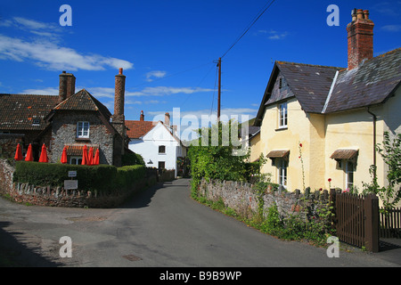 Schmale Gasse und auf dem Land in dem Dorf Allerford (West Somerset Rural Life Museum rechts) Somerset, England, UK Stockfoto