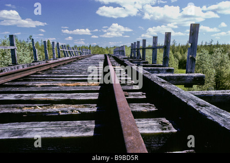 Die Überreste der Stalin-Ära Eisenbahn bekannt als der Salechard-Igarka-Eisenbahn in der nördlichen Region Sibiriens Stockfoto