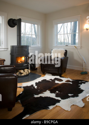 Wohnzimmer mit Holzofen und Tierhaut Teppich Stockfoto