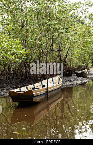 Einsame Boote in Mangroven Canavieiras Bahia Brasilien Südamerika Stockfoto