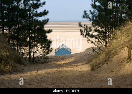 Eine einzelne Strandhütte, gesehen durch die Düne am Holkham Beach Wells-Next-the-Sea Norfolk England Stockfoto