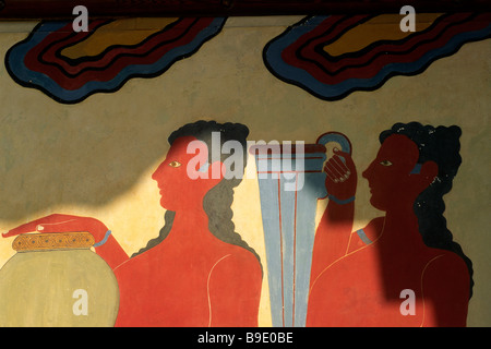 Griechenland, Kreta, Knossos, Minoischer Palast, Südpropylaeum, Prozession Fresko Gemälde aus nächster Nähe Stockfoto