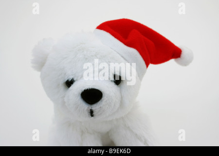 STOFFTIER EISBÄR MIT WEIHNACHTSMÜTZE AUF WEIßEM HINTERGRUND HORIZONTALE BDB11132 Stockfoto