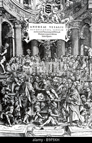 DE HUMANI CORPORIS FABRICA Frontispiz von der der 1543 buchen von AndreasVesalius zeigt ihm die Aufsicht über eine Dissektion Stockfoto