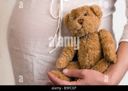 Mitte Schnittansicht schwangere Frau mit Teddybär Stockfoto