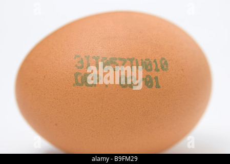 Bio-braune Ei mit Stempel und Datum Stockfoto