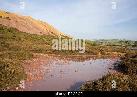 Bunte Erde und Wasser im Pool bei Parys Berg Copper Mine jetzt stillgelegten. Amlwch Anglesey North Wales UK Stockfoto