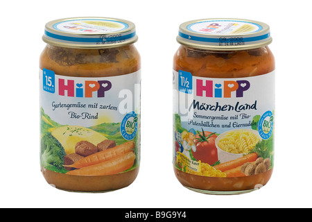 Hipp Bio-Baby-Auswahl erhalten Essen und trinken Mather Pflege Glas Tee Babys vegetarische Kinderschuhen Glasbehälter gesunde vegs Stockfoto