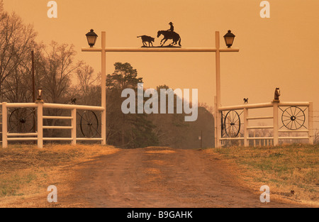 Schmiedeeisen Ranch Tor am FM 852 Autobahn in der Nähe von Gilmer in Upshur County Texas USA Stockfoto