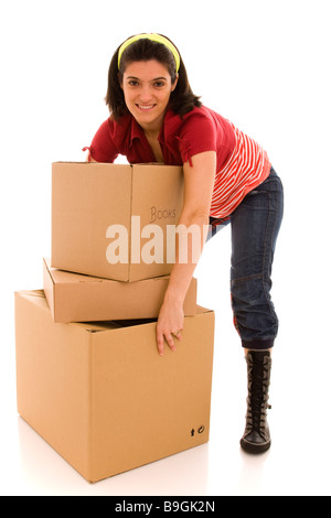 Frau mit Paketen für Umzug isoliert auf weiss Stockfoto