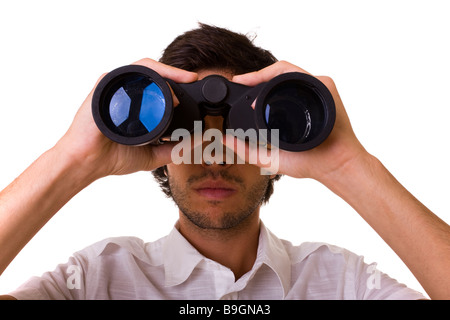 Geschäftsmann sucht mit seinem Fernglas zu den Textfreiraum Stockfoto
