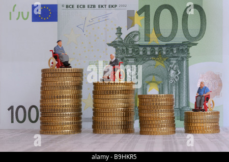 Zahlen von Rollstuhlfahrern auf Stapel von Münzen, vor einem 100 Eur Rechnung, symbolisches Bild für Sitzungsgeldes Stockfoto