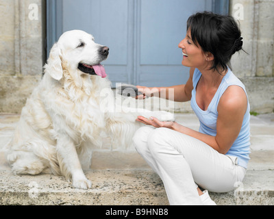 Frau, die ihrem Hund Bürsten Stockfoto