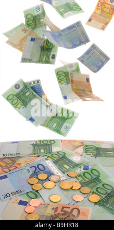 Euro-Banknoten, Münzen, symbolisches Bild für Geld-Regen Stockfoto