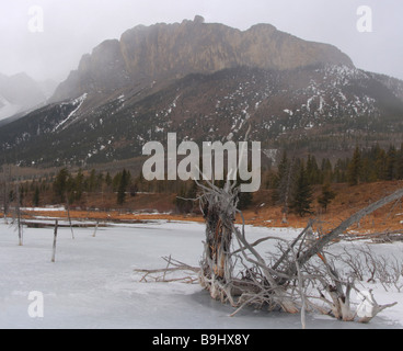 Zugefrorenen See unter Mount Yamnuska nahe Canmore, Alberta Stockfoto