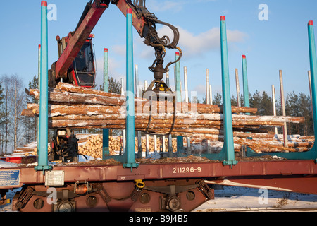 Log LKW-Fahrer mit LKW-Kran und Verladung Protokolle zu Ladung Log Zugwagen auf Eisenbahndepot im Winter. Finnland Stockfoto