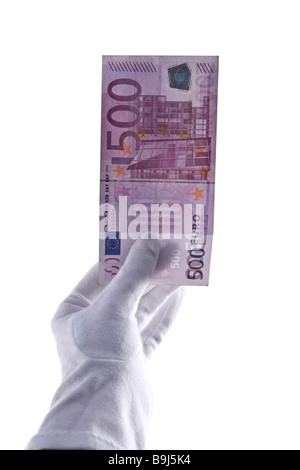 Weiß behandschuhten Hand mit 500 Euro-banknote Stockfoto