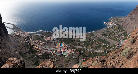 Panoramablick, Vuelatas mit Hafen und LaPlaya auf der rechten Seite in den Rücken, Valle Gran Rey, La Gomera, Kanarische Inseln, Spanien, E Stockfoto