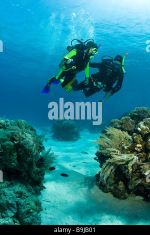 Tauchen Lehrer mit einem Kind tun des Tauchers Quaification in das Meer, Indonesien, Südostasien Stockfoto