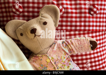 Alten Teddybär Spielzeug auf rot karierte Kissen Stockfoto