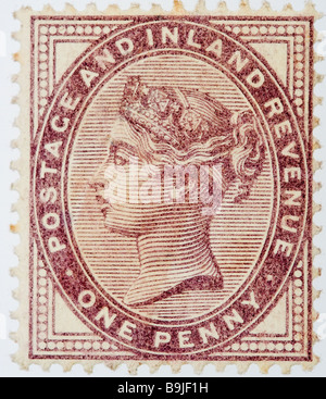 Nahaufnahme eines Penny, 1d, lila viktorianischer britischer Briefmarke auf weißem Hintergrund, herausgegeben um 1880. Nicht Verwendet. SG 171 mint. Stockfoto