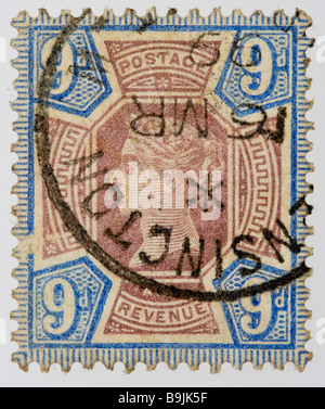 Nahaufnahme der Britisch-Viktorianischen Briefmarke 9d SG209, Jubilee-Ausgabe, blau und braun, frankiert, gebraucht. Teil der Jubiläumsausgabe 1887-1900. Stockfoto