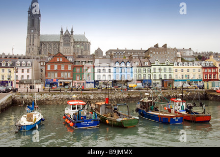 Angeln, Boote in Cobh Hafen mit der Stadt und St. Colman Kathedrale im Hintergrund, County Cork, Irland Stockfoto