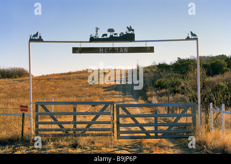 Ranch bearbeitetes Eisen-Gatter auf Straße Texas 70 in Great Plains-Region in der Nähe von Dickens in Dickens County Texas USA Stockfoto