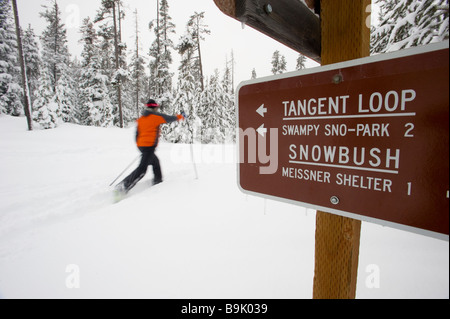 Eine junge Frau Langlaufski im Schnee vorbei eine Spur unterzeichnen in Bend, Oregon (Bewegungsunschärfe). Stockfoto