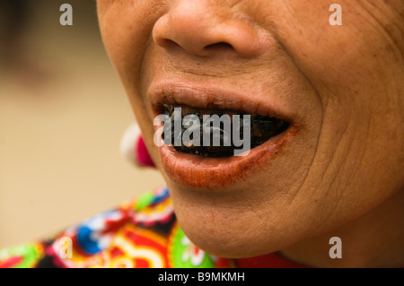 die schwarzen Zähne Frauenkopf schwarz Lu Bergvolk in Tam Duong Vietnam Stockfoto