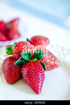 Rote Erdbeeren auf einem weißen Teller Stockfoto