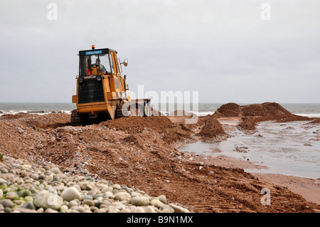 Eine Raupe/Bagger bei der Arbeit - Entwässerung am Strand für einen blockierten Fluss und anschließende Land Flut zu schaffen. Stockfoto