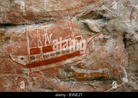 Aboriginal Felszeichnungen am Mount Borradaile, heiligen Berg der Aborigines in Arnhemland, Australien Stockfoto