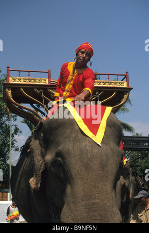 Ein Mahout und seine Teilnahme an der Parade Phimai Elefant buddhistische Neujahr, Luang Prabang, Laos. Stockfoto