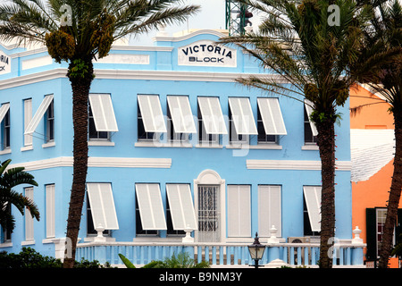 Ansicht eines Gebäudes durch Palmen Bäume Front Street Hamilton Bermuda Stockfoto