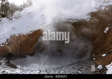 Dampfende Schlammvulkan im Yellowstone National Park in Wyoming im Winter Stockfoto