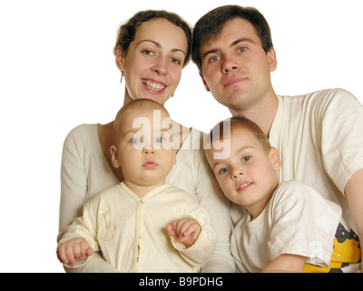 vierköpfige Familie isoliert Stockfoto