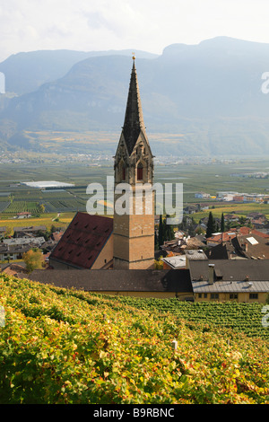 die Kirche von St. Quirikus und Quiricus in Tramin Termeno Sulla Strada del Vino mit dem höchsten Kirchturm 86m Trentino Italien Stockfoto