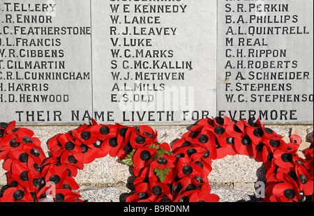 Mohn Kränze an der Basis ein Kriegsdenkmal in Newquay in Cornwall, Großbritannien Stockfoto