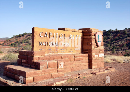 Eingangsschild in Capitol Reef Nationalpark Utah USA Stockfoto