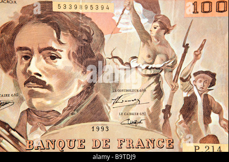 Geld-Porträt des Künstlers Eugène Delacroix auf alten French100-Franken-note Stockfoto