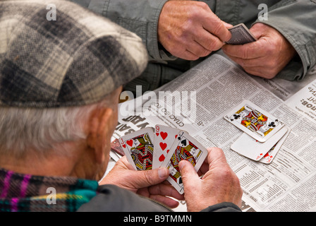 Gruppe von alten Männern Spielkarten in Wohrmann´s Garten, Riga, Lettland, Europa Stockfoto