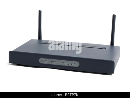 Blaue ADSL-Modem mit eingebauten WLAN-Router auf weißem Hintergrund Stockfoto