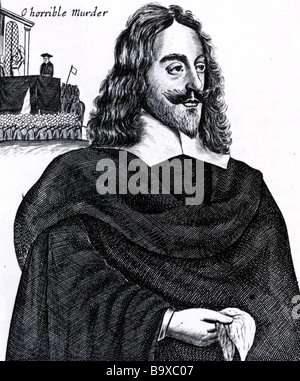 König CHARLES i. von England mit einer Miniatur des Gerüstes auf welche e am 30. Januar 1649 hingerichtet wurde Stockfoto