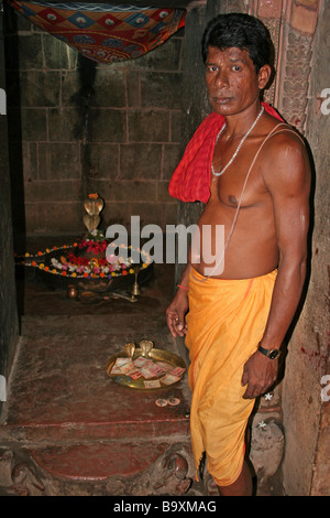 Tempelpriester mit Lingam Schrein zu Hindu-Gott Shiva im Hintergrund Stockfoto