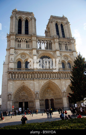 Blick auf die prächtigen Fassade der Kathedrale Notre-Dame in der Weihnachtszeit Paris Frankreich Stockfoto